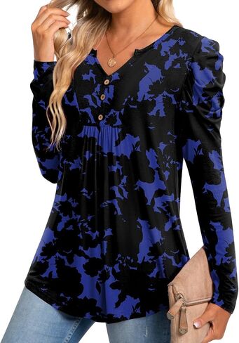 BISHUIGE Womens Casual Fall Top V Neck Loose Tunic Button Pleated Blouses in Saudi Arabia