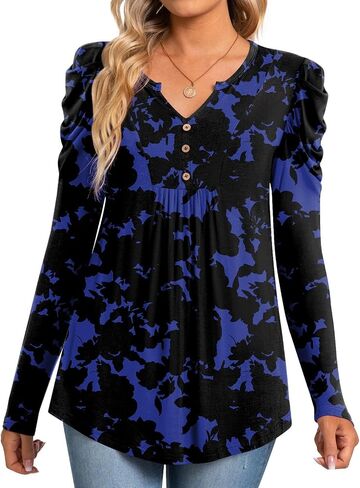 BISHUIGE Womens Casual Fall Top V Neck Loose Tunic Button Pleated Blouses in Saudi Arabia