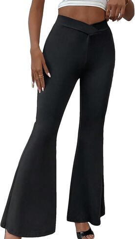 GORGLITTER Women's Flare Leg High Waist Pants Knitted Bell Bottom Solid Long Trousers in Saudi Arabia