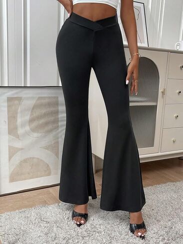 GORGLITTER Women's Flare Leg High Waist Pants Knitted Bell Bottom Solid Long Trousers in Saudi Arabia