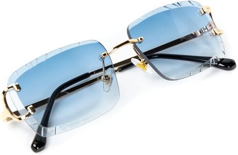 Rimless Gem Cut Unisex Square Trendy Retro 90's Hip Hop Hand Carved lens Baby Blue Tint Lens Gold Wire Frame Sun Glasses Frameless Rectangle Summer Shades Sunglasses For Men And Women in Saudi Arabia