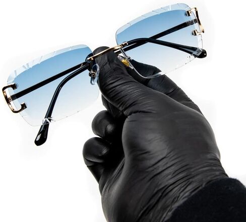Rimless Gem Cut Unisex Square Trendy Retro 90's Hip Hop Hand Carved lens Baby Blue Tint Lens Gold Wire Frame Sun Glasses Frameless Rectangle Summer Shades Sunglasses For Men And Women in Saudi Arabia