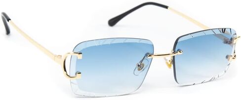 Rimless Gem Cut Unisex Square Trendy Retro 90's Hip Hop Hand Carved lens Baby Blue Tint Lens Gold Wire Frame Sun Glasses Frameless Rectangle Summer Shades Sunglasses For Men And Women in Saudi Arabia