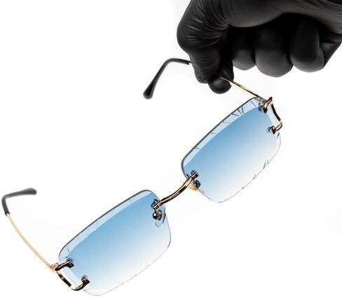 Rimless Gem Cut Unisex Square Trendy Retro 90's Hip Hop Hand Carved lens Baby Blue Tint Lens Gold Wire Frame Sun Glasses Frameless Rectangle Summer Shades Sunglasses For Men And Women in Saudi Arabia