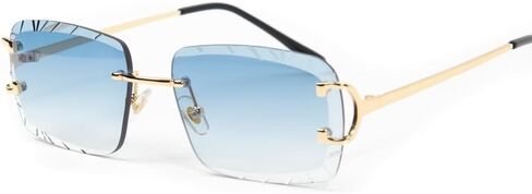 Rimless Gem Cut Unisex Square Trendy Retro 90's Hip Hop Hand Carved lens Baby Blue Tint Lens Gold Wire Frame Sun Glasses Frameless Rectangle Summer Shades Sunglasses For Men And Women in Saudi Arabia