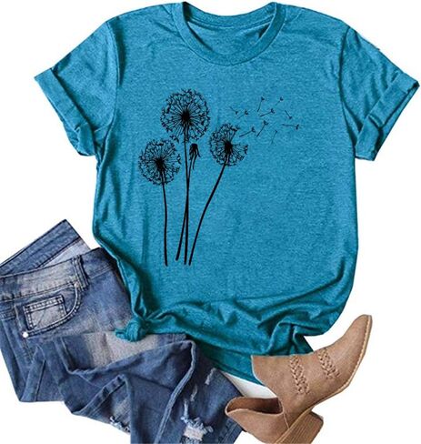 تي شيرت MaQiYa النسائي اللطيف Make A Wish Dandelion مطبوع عليه تي شيرت صيفي قطني عتيق برسومات جرافيكية in Kuwait