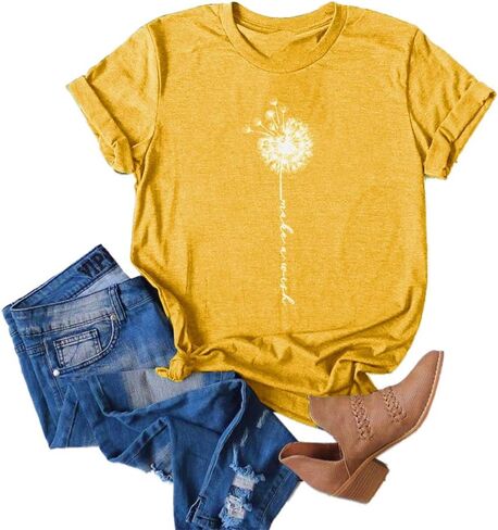 تي شيرت MaQiYa النسائي اللطيف Make A Wish Dandelion مطبوع عليه تي شيرت صيفي قطني عتيق برسومات جرافيكية in Kuwait