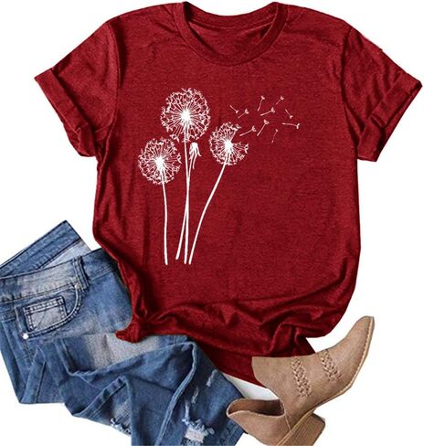 تي شيرت MaQiYa النسائي اللطيف Make A Wish Dandelion مطبوع عليه تي شيرت صيفي قطني عتيق برسومات جرافيكية in Kuwait