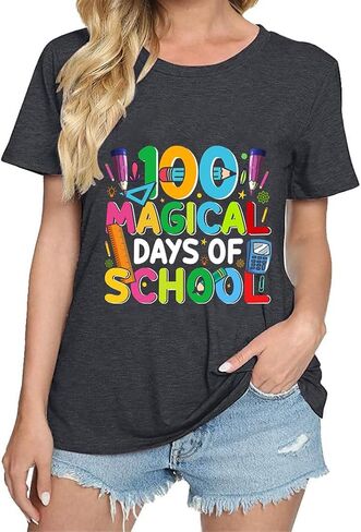 تي شيرت Happy 100th Day of School للنساء تي شيرت المعلم ذكرى يوم 100th تي شيرت جرافيك مضحك مبتكر in Saudi Arabia