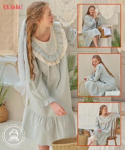 ULLALA Pajamas for Women Vintage Long sleeve 30'S Cotton Dimang One-Piece Mint Soft Sleepwear 1Piece one Size in Kuwait