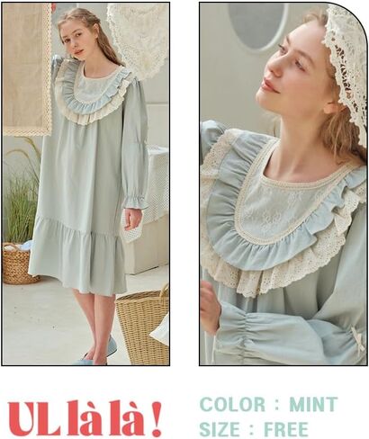 ULLALA Pajamas for Women Vintage Long sleeve 30'S Cotton Dimang One-Piece Mint Soft Sleepwear 1Piece one Size in Kuwait
