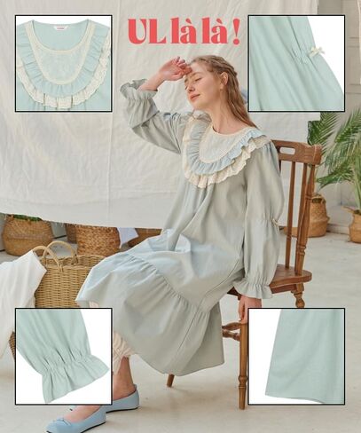 ULLALA Pajamas for Women Vintage Long sleeve 30'S Cotton Dimang One-Piece Mint Soft Sleepwear 1Piece one Size in Kuwait