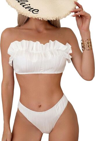 OYOANGLE Women's Spaghetti Strap High Waist Swimwear Bandeau Bikini Swimsuit Two Pieces Bikini Set in Saudi Arabia