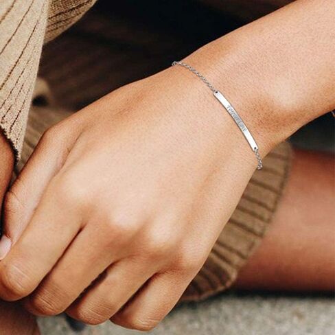 ChicSilver Customized Bar Bracelet 925 Sterling Silver Personalized Engraved Initial Name Link Bracelet Delicate Friendship Bracelet Minimalist Jewelry Birthday Gift in Saudi Arabia