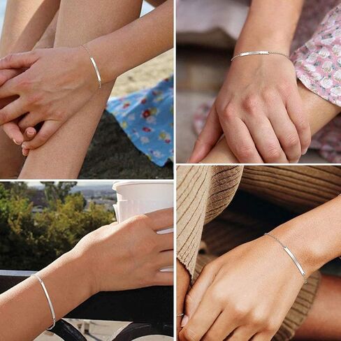 ChicSilver Customized Bar Bracelet 925 Sterling Silver Personalized Engraved Initial Name Link Bracelet Delicate Friendship Bracelet Minimalist Jewelry Birthday Gift in Saudi Arabia