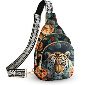 Tiger Leather Sling Bag Small Crossbody Backpack Travel Shoulder Pack Hiking Adjustable Chest Daypack for Women