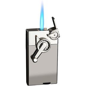 Rocker Gear Lighter, Unique Gear Shape, Creative Small Flip Windproof Lighter, Torch Butane Lighter, Blue Flame Inflatable Lighter Adjustable, for Men (Butane Not Included) (Black)