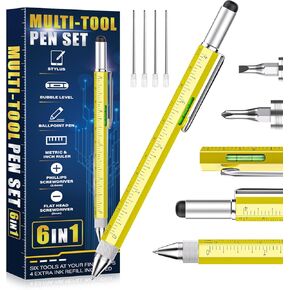 Cool Gifts For Men Woman, 6 IN 1 Multitool Pen For Him Father Grandpa Husband Boyfriend, Unique Multi Tool Gadget Stocking Stuffers Gifts From Daughter Wife Son (Yellow)