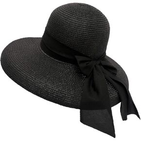 Womens Straw Cloche Sun Hat Wide Brim UV Protection Summer Beach Cap Foldable Packable Bowknot Bucket Hat Floppy Fishing Hat