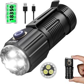 LED Mini Flashlight Rechargeable, German Three-Eyed Monster Mini Flashlight with Clip, IP54 EDC Tactical Flashlight with 5 Modes for Outdoor, Home, Emergency,Camping, Working (2 Pieces)