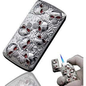 Cool Skull Lighter, Jet Torch Lighter, Refillable Butane Inflatable Lighter, Metal Windproof Lighter, Soft Flame Lighter, Unique Gift for Men, Candle Outdoor Camping (No Gas) (Silver)