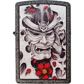 Zippo Custom Lighter - Red Flower Samurai Oni Mask Design - Regular Iron Stone