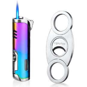 Cigar Lighters and Cutter Set with Butane Refillable Single Torch Lighters Sharpening Blade Cigar Guillotine Windproof Lighter Torch(Colorful)