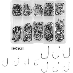 Fish Hooks, 100 PCS Fishing Hooks in 10 Sizes, Circle Hooks Fishing, Barbed Hooks Fishing, Eyed Fishing Hooks in High Carbon Steel with Plastic Box for Freshwater Saltwater Fish Trackle 3# - 12#
