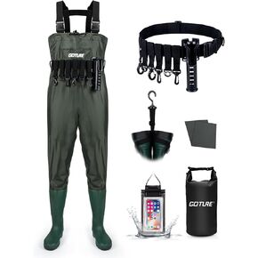 Goture Waterproof Bootfoot Chest Wader, Adjustable H-Back Shoulder Straps Waist Belt Fishing Waders with Boot for Men Women