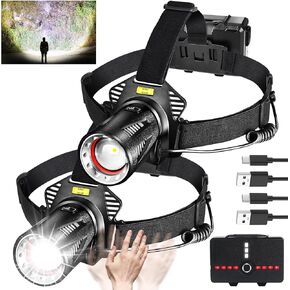 Aikertec LED Headlamp Rechargeable, 130000 Lumen Bright Headlamp for Adults, with Motion Sensor, 7 Modes, Zoom, Head lamp Battery Powered, Flashlight Headlamp for Hardhat, Running(2 Pack)