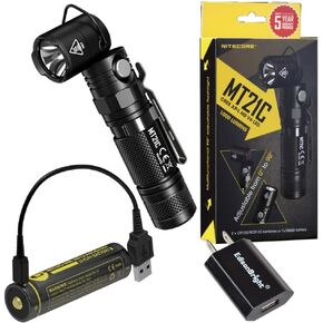EdisonBright Nitecore MT21C 1000 Lumen 90 Degree Tilt-able head LED Flashlight, NL1826R rechargeable battery USB charging cable bundle