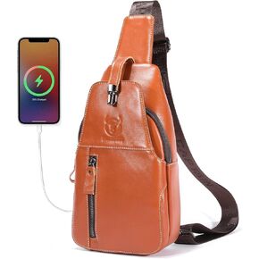 Cross Body Bag Genuine Leather Sling Bags for Men Shoulder Bag with USB Charging Port Backpack for Travel