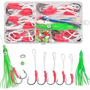 Shaddock Fishing Assist Hook Set – 100pcs PE Line with Hook Red Jigs Hook Butterfly Multicolor Octopus Squid Skirts Split Ring Luminous Bead Tackle Kit