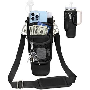 Water Bottle Carrier Bag with Phone Pocket for Stanley 40oz Tumbler & Adjustable Strap, Water Bottle Holder Pouch with Mesh Pocket, Straw Cover and Carabiner for Stanley Cup Accessories