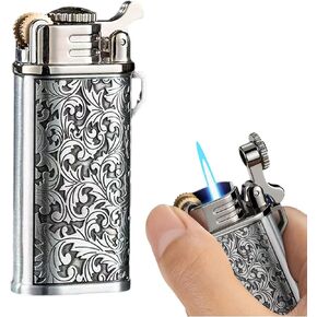 Butane Lighter,Grinding Wheel Ignition,Refillable Adjustable Windproof Lighter,Vintage Floral Stamped,Torch Lighters,Portable Funny Personality Compact,Men Gift(No Gas) (Gold)