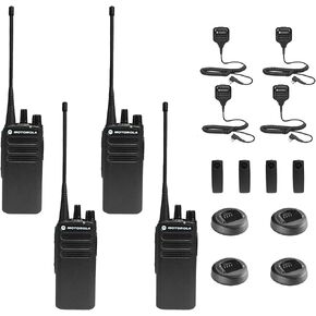 4 x Motorola CP100D Analog UHF Portable Non-Display Two Way Radio, 16 Channel, 4 Watt (403-480MHz) + 4 x HKLN4606 Remote Speaker Mic - 4 Pack with Mic Bundle