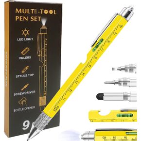 9 in 1 Multitool Pen, Stocking Stuffers Gifts Unique Christmas Birthday Multi Tool Pen for Men Dad Husband Who Have Everything, Cool Gadgets Pocket Multi Tool (Yellow)