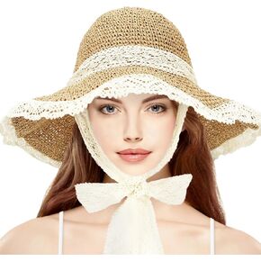 Women Straw Sun Hat with Lace Foldable Beach Hat Wide Brim Floppy Bucket Hat