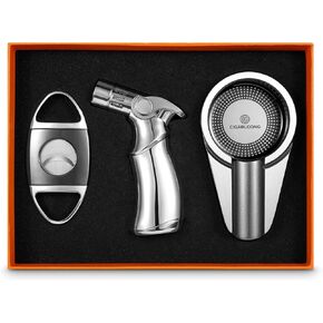 Cigar Lighter and Cutter Ashtray Set, Alloy Windproof Jet 4 Torch Flames Lighter and Sharp Cutter,Stainless Steel Ashtray with Gift Box,without Gas(Black)