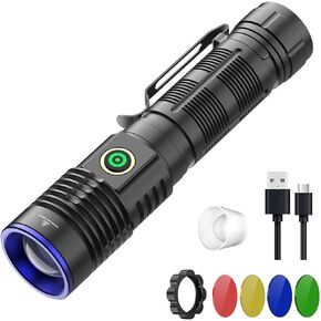 WINDFIRE Multicolor Flashlight 5 in 1 LED Tactical Rechargeable Flashlights High Lumens White Red Green Blue Yellow Light Multicolor Lens 4 Modes Zoomable Flashlight for Camping Hiking Fishing Hunting