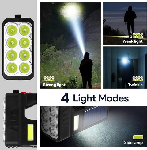 مصباح يدوي محمول يعمل بالطاقة الشمسية مع 8 مصابيح LED، 3 أوضاع مصابيح قابلة لإعادة الشحن، كشاف عالي اللومن للاستخدام في الهواء الطلق والطوارئ (أسود) in Kuwait