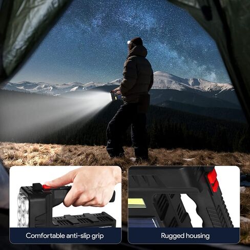 مصباح يدوي محمول يعمل بالطاقة الشمسية مع 8 مصابيح LED، 3 أوضاع مصابيح قابلة لإعادة الشحن، كشاف عالي اللومن للاستخدام في الهواء الطلق والطوارئ (أسود) in Kuwait