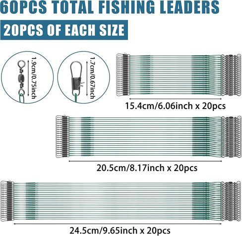 60pcs Fishing Leaders,14.7cm/20cm/24.7cm Stainless Steel Leader Line Wire Heavy Fishing Wire Leader with Barrel Swivel Duo Lock Snaps Connecting Fishing Tackle Lure or Hook in Saudi Arabia