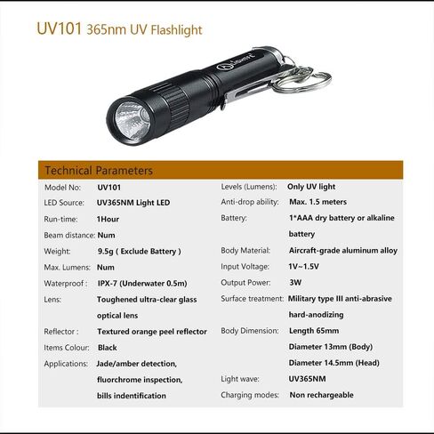LIGHTFE Black light 365nm UV Flashlight UV101D with LG LED Source Keychain light Powered by 1 AAA Battery for UV Glue Curing Light, Pet Urine Detector Light, AC Leak Detector… in Saudi Arabia