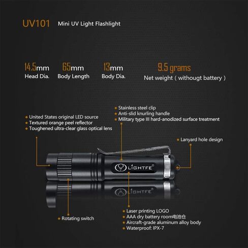 LIGHTFE Black light 365nm UV Flashlight UV101D with LG LED Source Keychain light Powered by 1 AAA Battery for UV Glue Curing Light, Pet Urine Detector Light, AC Leak Detector… in Saudi Arabia