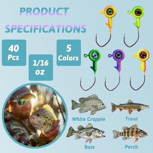 Crappie Jig Heads Crappie Jigs with 3D Eyes,40Packs Crappie Jigs Heads Crappie Lures Bass Trout Panfish Jig Heads for Fishing 1/32oz 1/16oz 1/8oz in Saudi Arabia