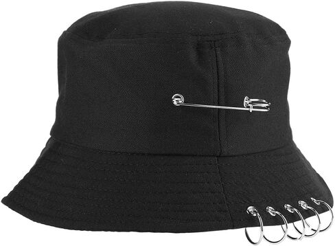 Chic Unisex Bucket Hat Sunhat Five Ring, Safety Pin Piercing Decorations Bucket Hat Packable Beach Sun Hat for Womens Men Black in Saudi Arabia