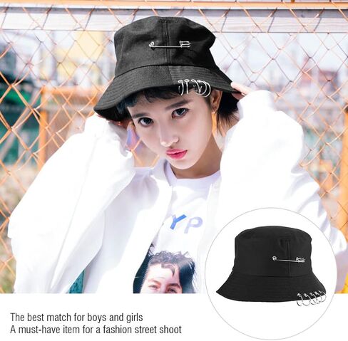Chic Unisex Bucket Hat Sunhat Five Ring, Safety Pin Piercing Decorations Bucket Hat Packable Beach Sun Hat for Womens Men Black in Saudi Arabia