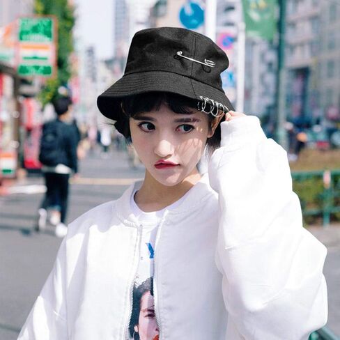 Chic Unisex Bucket Hat Sunhat Five Ring, Safety Pin Piercing Decorations Bucket Hat Packable Beach Sun Hat for Womens Men Black in Saudi Arabia