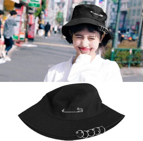 Chic Unisex Bucket Hat Sunhat Five Ring, Safety Pin Piercing Decorations Bucket Hat Packable Beach Sun Hat for Womens Men Black in Saudi Arabia